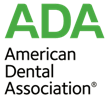The image shows a logo with the letters  ADA  prominently displayed at the top, followed by the name  American Dental Association  below it. The logo has a stylized design with a green background and white text.