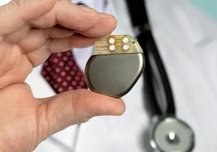 A hand holding a small metallic object, possibly an electronic device with a clip, against a blurred background featuring medical equipment.